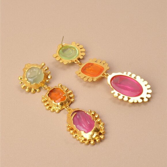 Yellow Gold Vintage Women's Geo Asymmetrical Metal & Acrylic Pendant Earrings - Picture 4 of 4